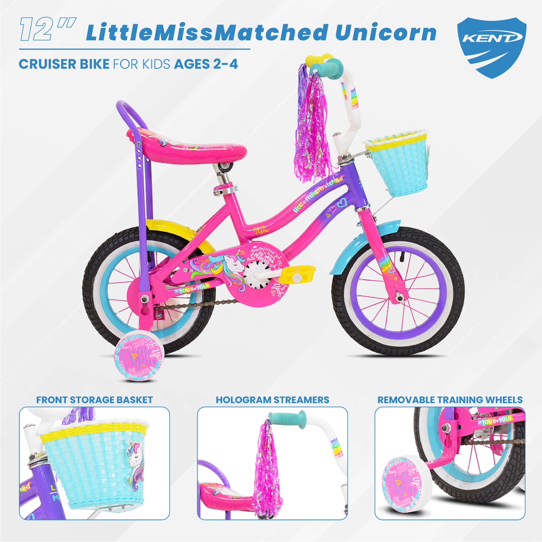 12" LittleMissMatched® Unicorn | Cruiser Bike for Kids Ages 2-4