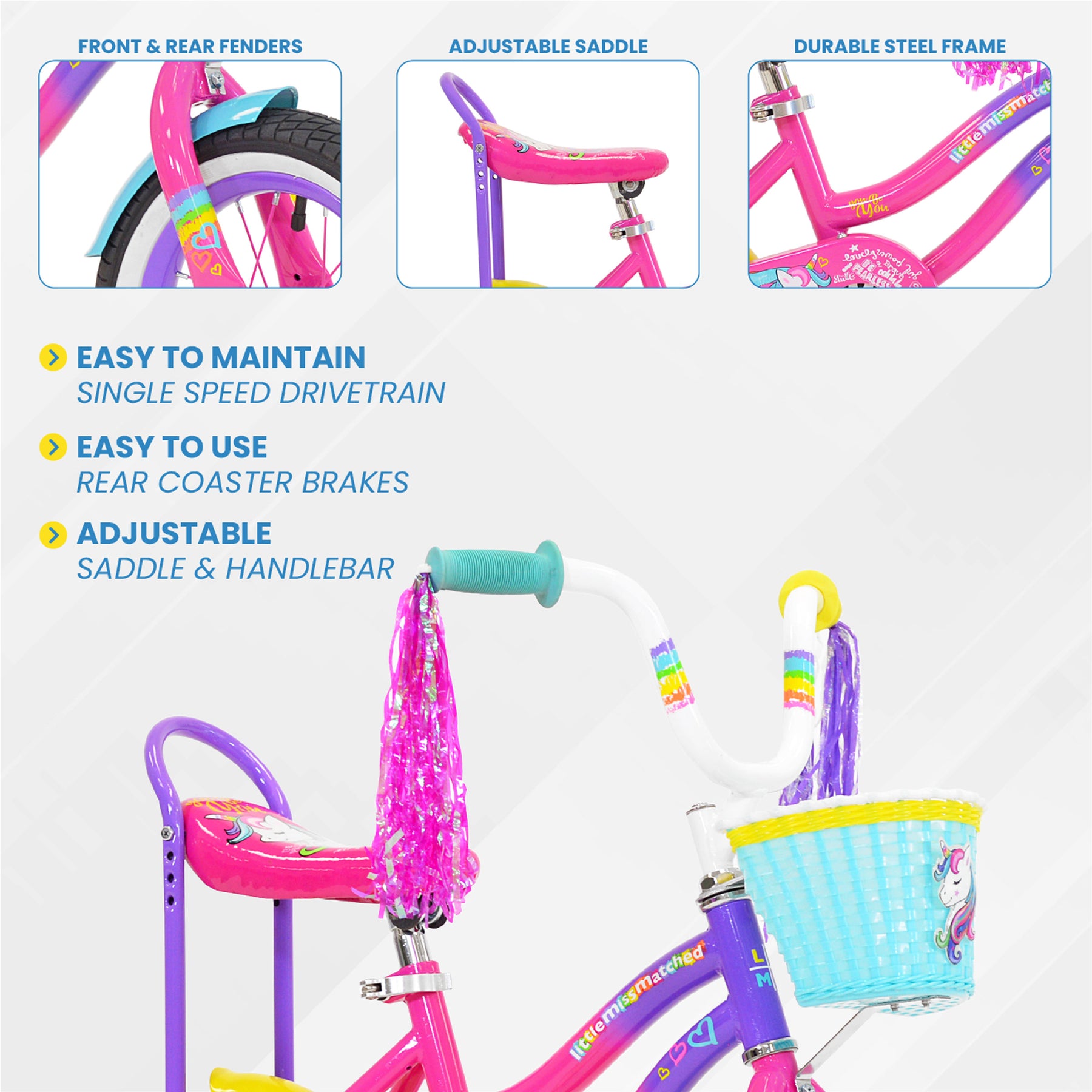 12" LittleMissMatched® Unicorn | Cruiser Bike for Kids Ages 2-4