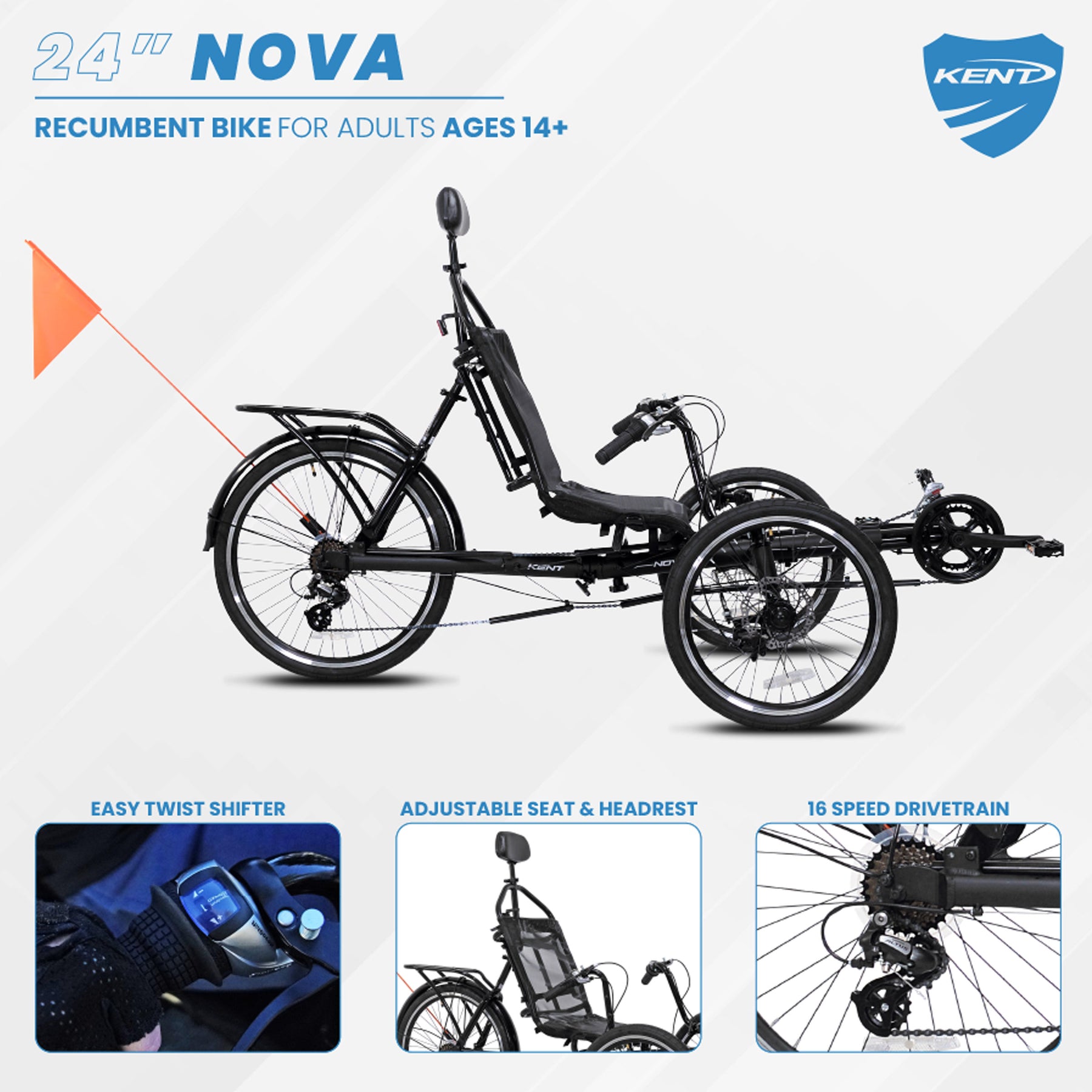 24" Kent Nova | Recumbent Tricycle for Adults Ages 14+