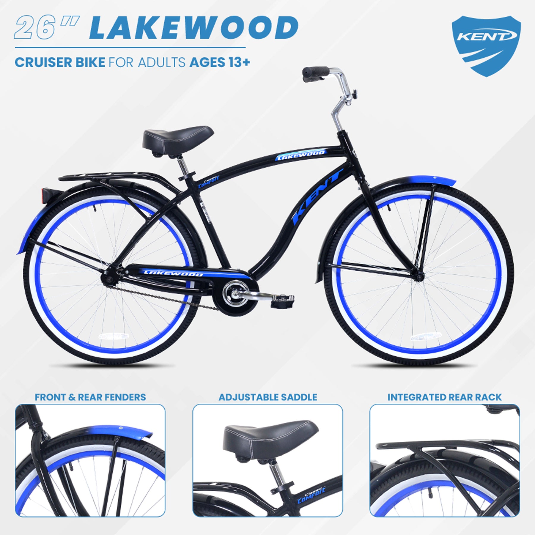 26" Kent Lakewood | Cruiser Bike for Men Ages 13+