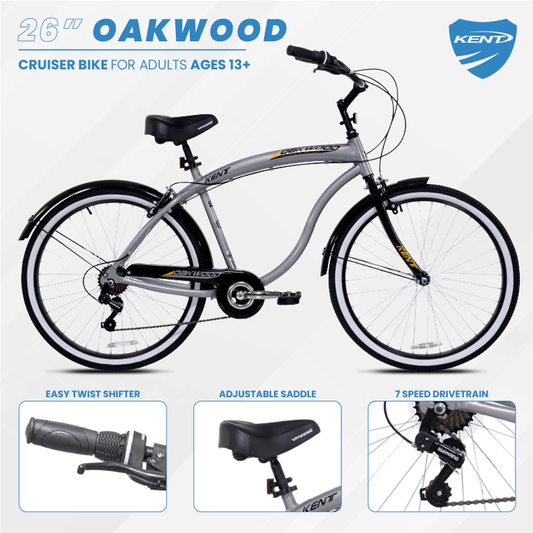 26" Kent Oakwood | Cruiser Bike for Men Ages 13+