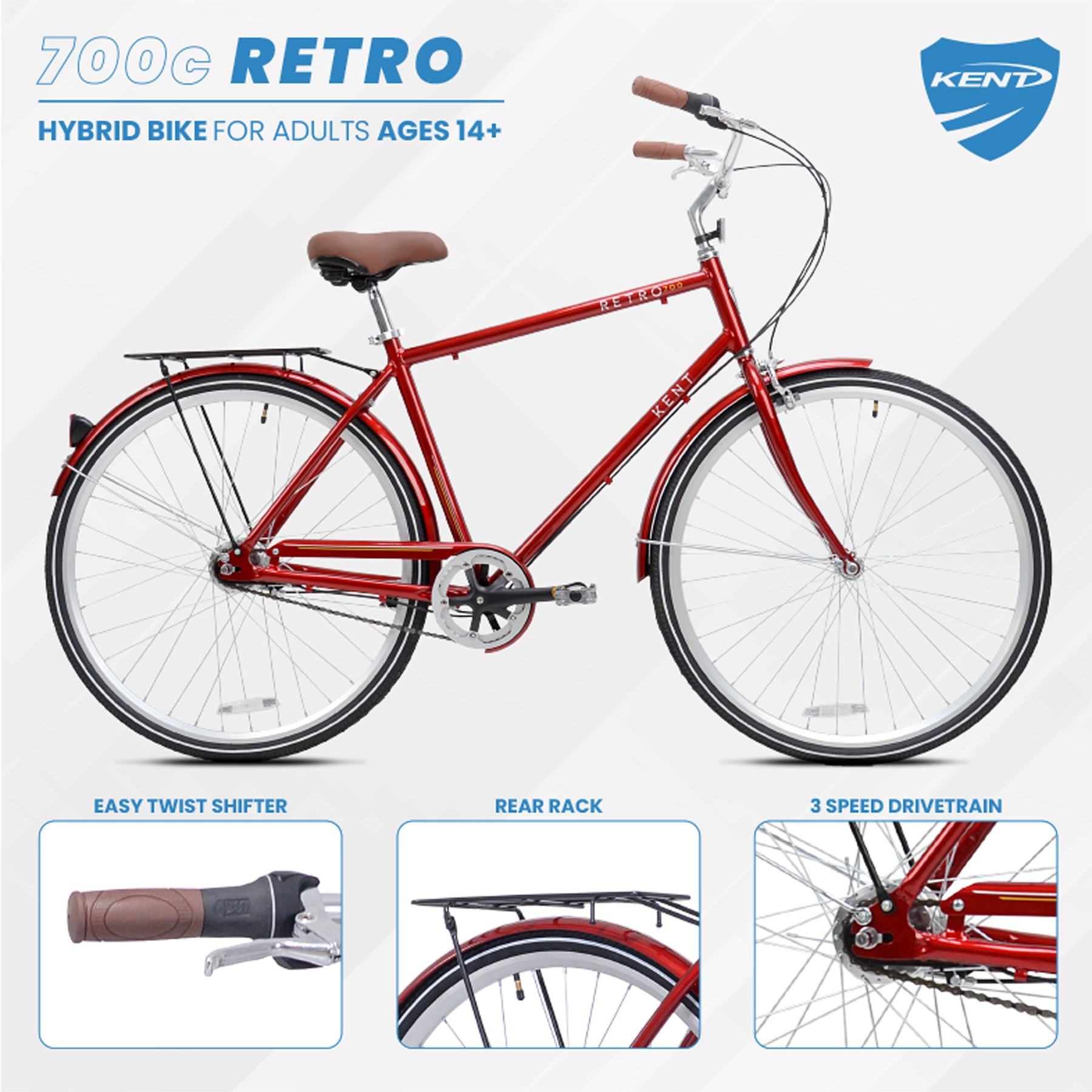 700c Kent Retro | Hybrid Comfort Bike for Men Ages 14+